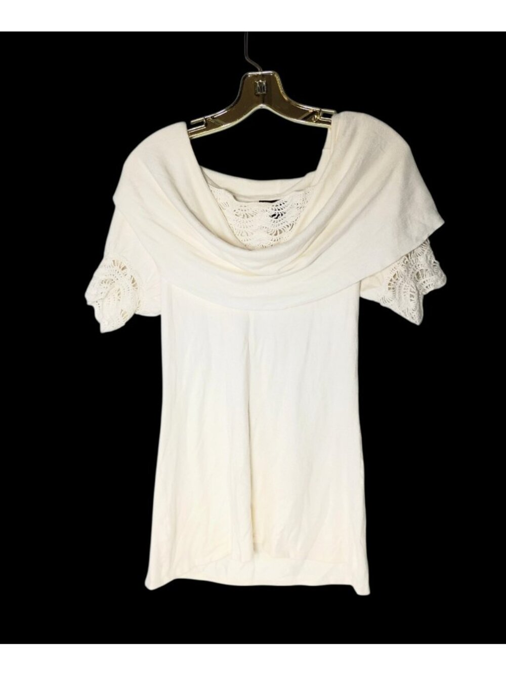 Arden B Crotchet Lace Drape Neck Sweater M Short Sleeve Cream Coquette